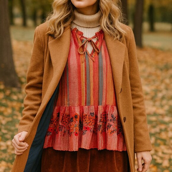 Bhanuni by Jyoti for Anthropologie Embroidered Peplum Boho Blouse Multicolor M - Picture 2 of 13